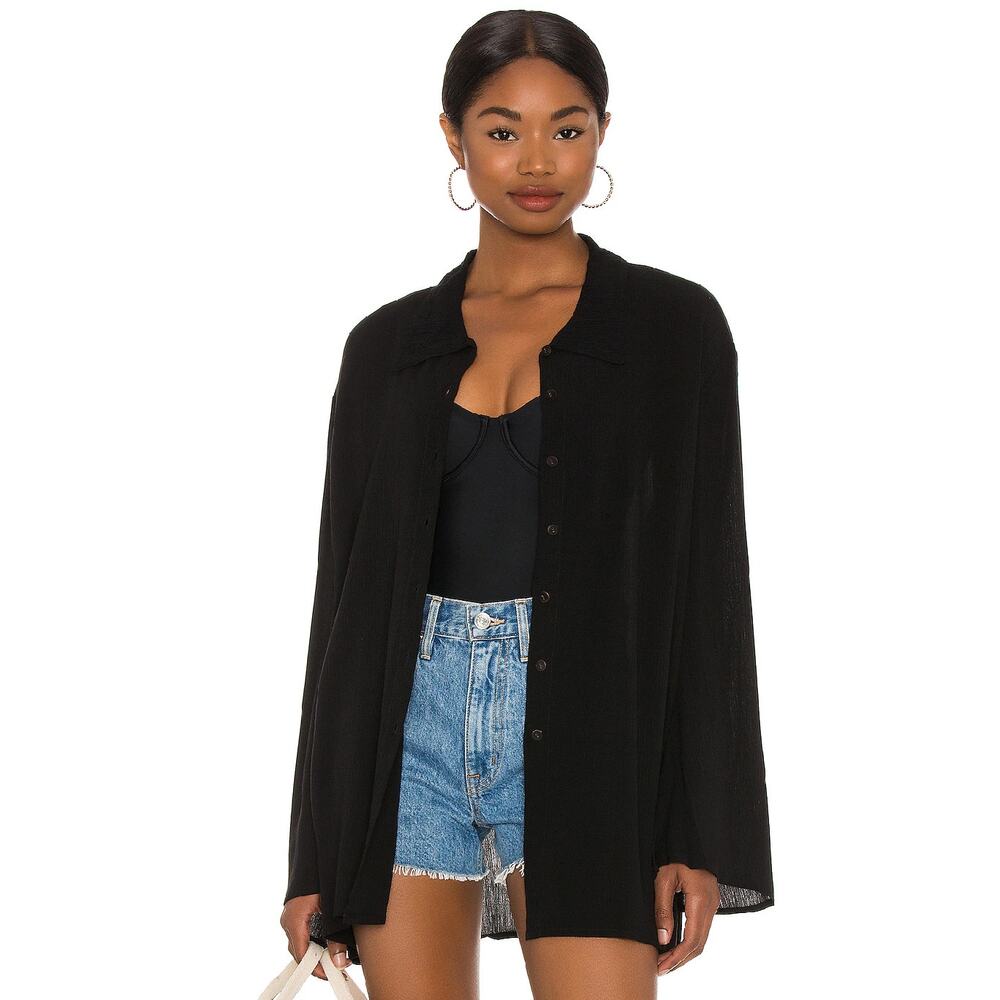 Lovers & Friends Whitney Beach Shirt Black‎ Button Front Bell Sleeve Sz S